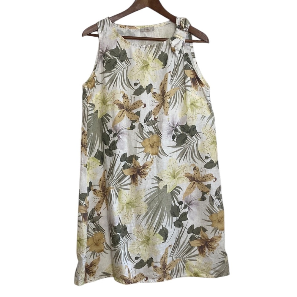 Bellambria Dress Womens Large Cream Yellow Linen Floral A Line Sleeveless Resort